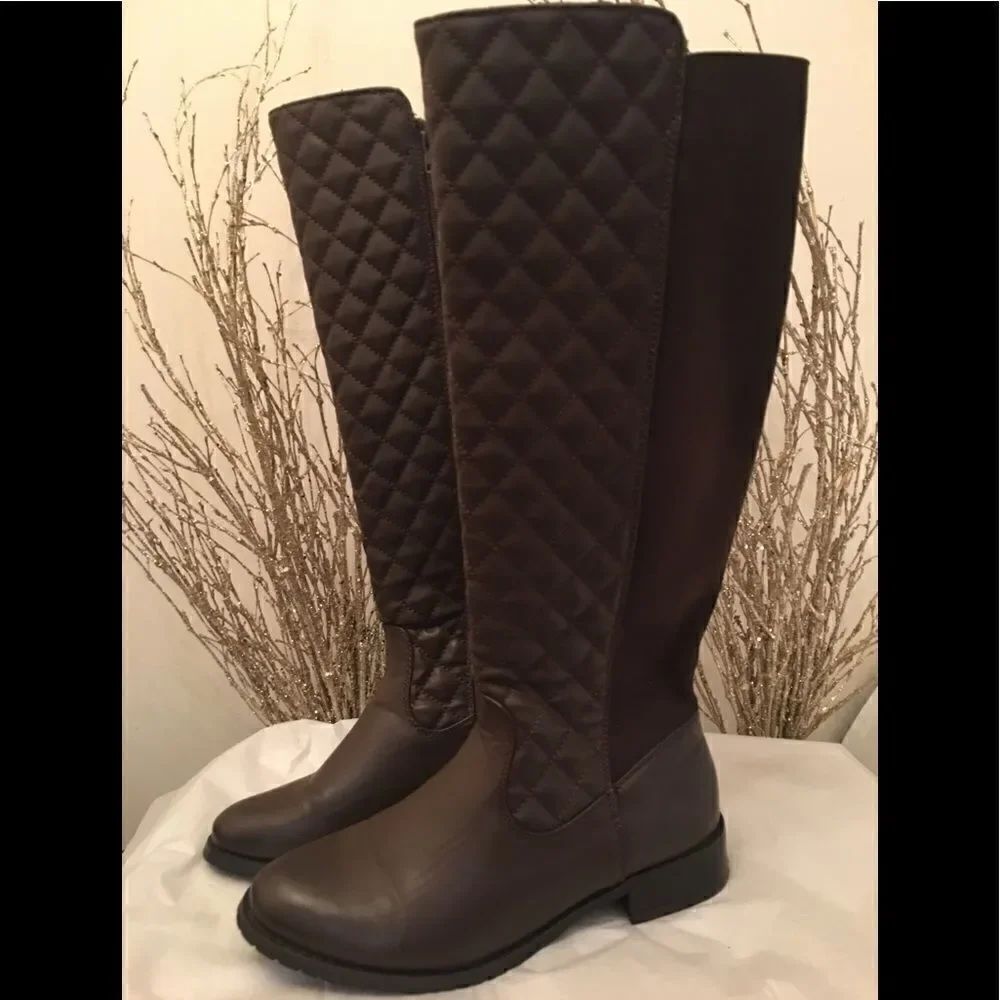Brown Faux Leather Quilted Knee High Boots 7.5M EUC